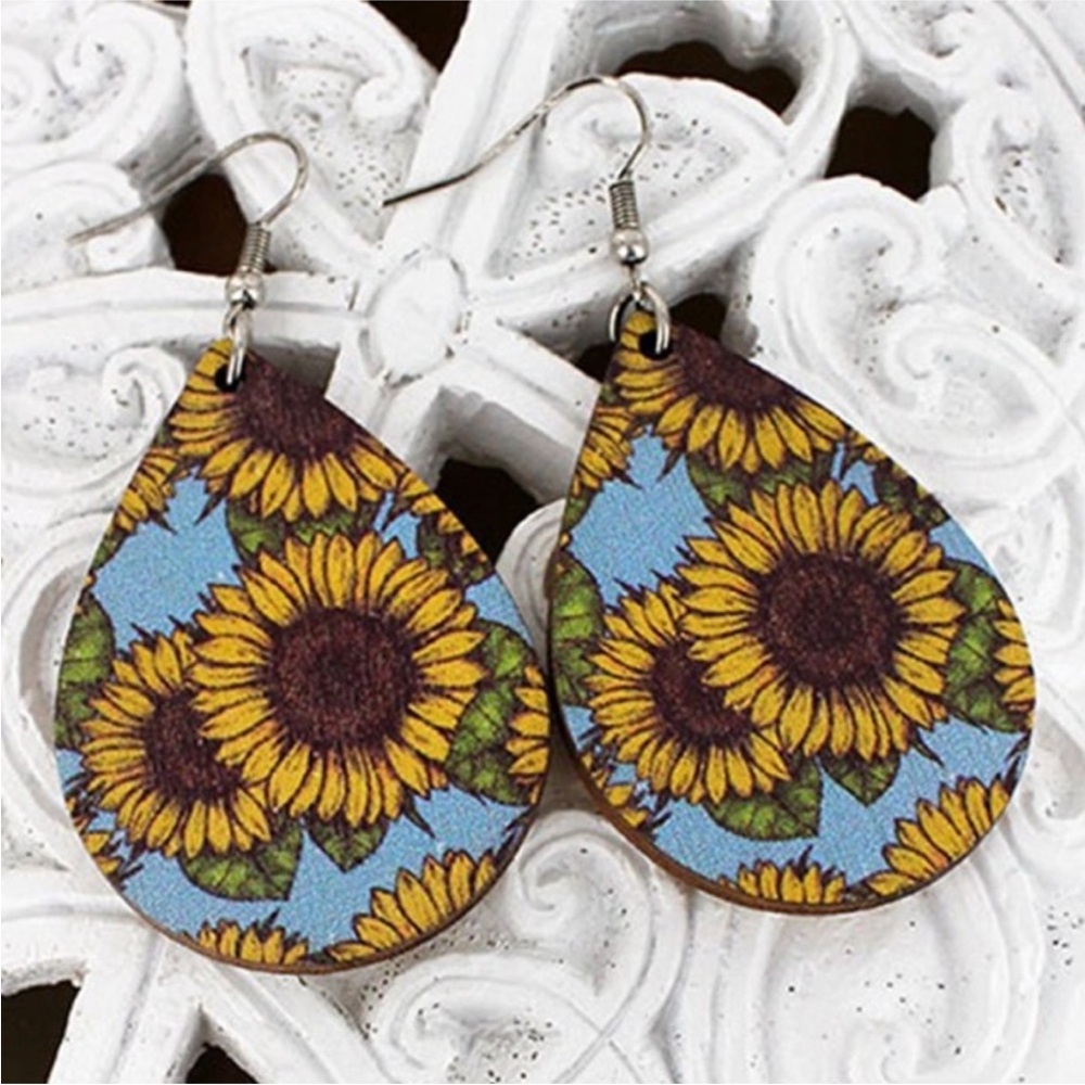 Sunflower Sky Teardrop Earrings 🌻 Blue & Yellow Floral Statement